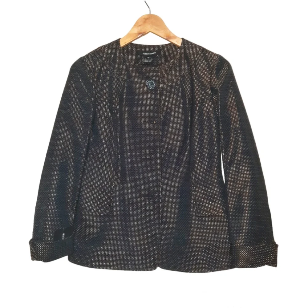 ELLEN TRACY Wool Blend Blazer Matte Bronze Gold Black Grey Woven Office $548 6P - Picture 10 of 10